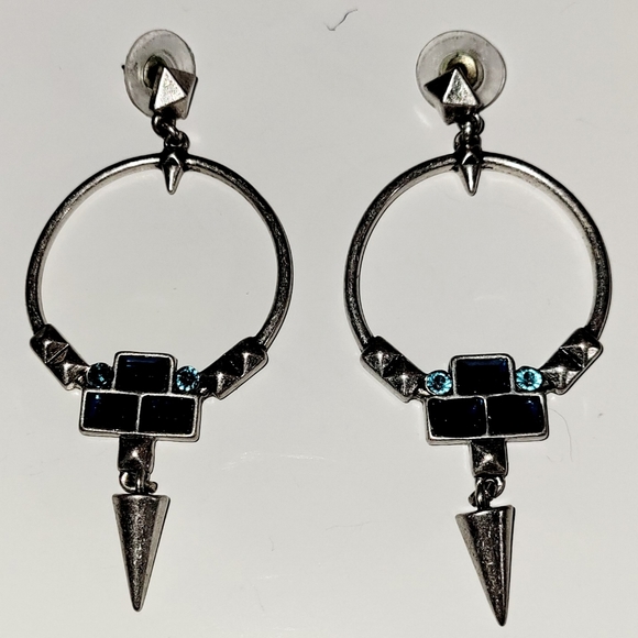 New Earrings, Blue Jewel Silver-tone Open Hoop Dangle Spike, NWOT - Picture 3 of 4